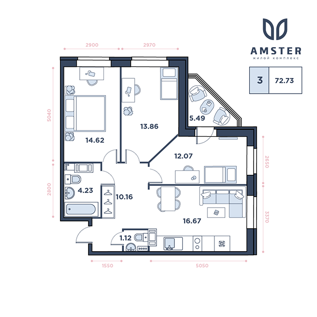 ЖК Amster, 2 этаж, 3-комнатная квартира, номер 4 (3071)