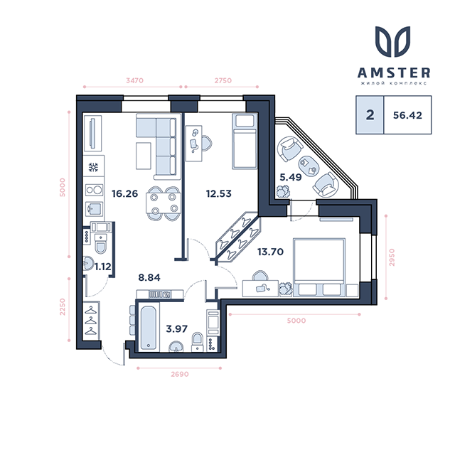ЖК Amster, 8 этаж, 2-комнатная квартира, номер 159 (3190)