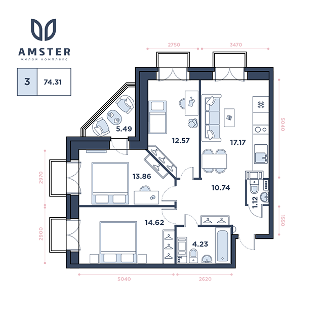 ЖК Amster, 12 этаж, 3-комнатная квартира, номер 194 (3261)