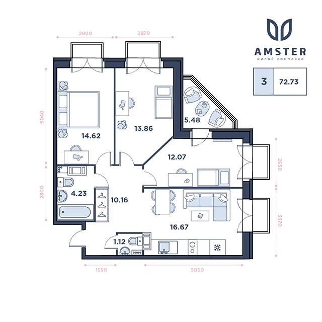 ЖК Amster, 12 этаж, 3-комнатная квартира, номер 94 (3251)