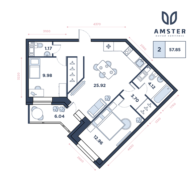 ЖК Amster, 10 этаж, 2-комнатная квартира, номер 172 (3221)