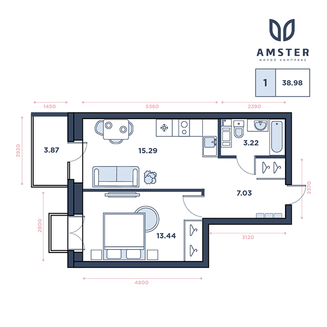 ЖК Amster, 12 этаж, 1-комнатная квартира, номер 99 (3256)