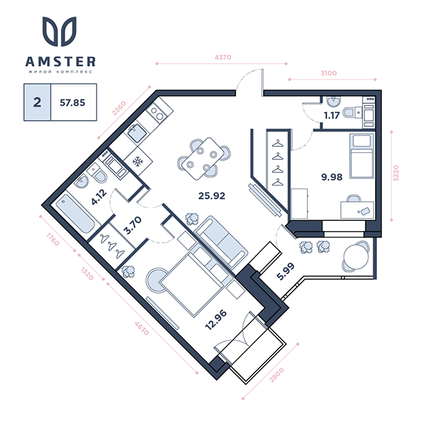 ЖК Amster, 12 этаж, 2-комнатная квартира, номер 97 (3254)