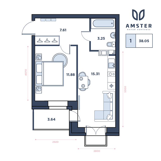 ЖК Amster, 11 этаж, 1-комнатная квартира, номер 87 (3235)