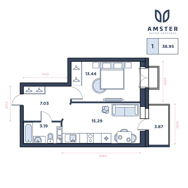 ЖК Amster, 12 этаж, 1-комнатная квартира, номер 196 (3263)