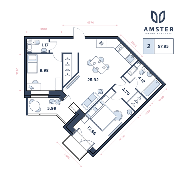 ЖК Amster, 12 этаж, 2-комнатная квартира, номер 190 (3257)
