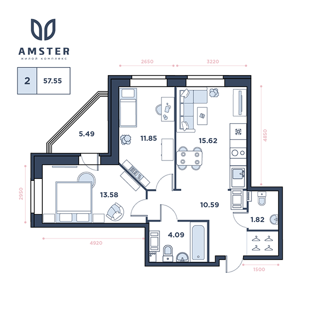 ЖК Amster, 4 этаж, 2-комнатная квартира, номер 20 (3105)